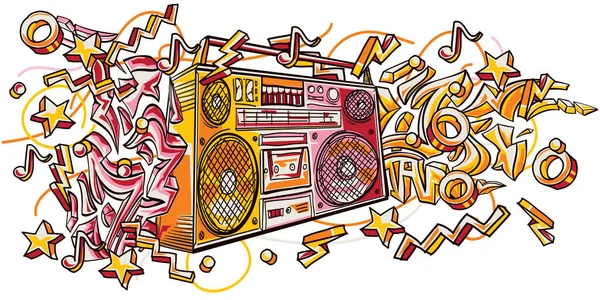 Funky Disegnato Boom Box Registratore Frecce Graffiti Colorati — Vettoriale Stock