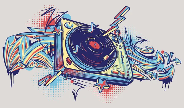 Muzikale Draaitafel Graffiti Pijlen Kleurrijke Funky Muziek Ontwerp — Stockvector