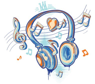 Müzik tasarımı - renkli graffiti müzik kulaklıkları ve notalar çizildi