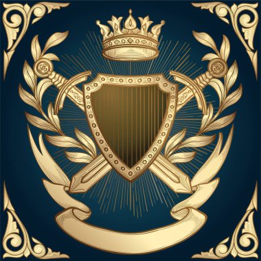 Taç, kalkan ve kılıçlar altın dekoratif amblem