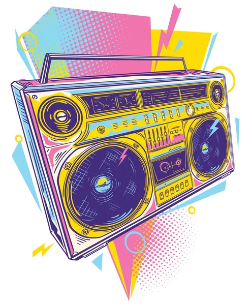 Disegno Stile Musica Anni Funky Colorato Disegnato Boom Box Tape — Vettoriale Stock