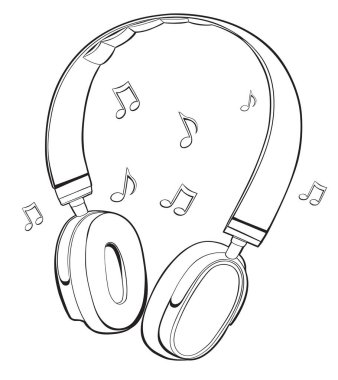 Siyah ve beyaz çizilmiş müzik kulaklıkları ve notalar tasarım