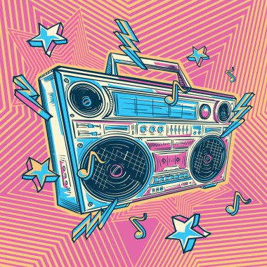 Funky retro colorful drawn boom box tape recorder