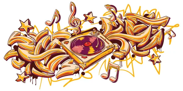 Giradiscos Con Flechas Graffiti Notas Musicales Colorido Diseño Música Funky — Vector de stock