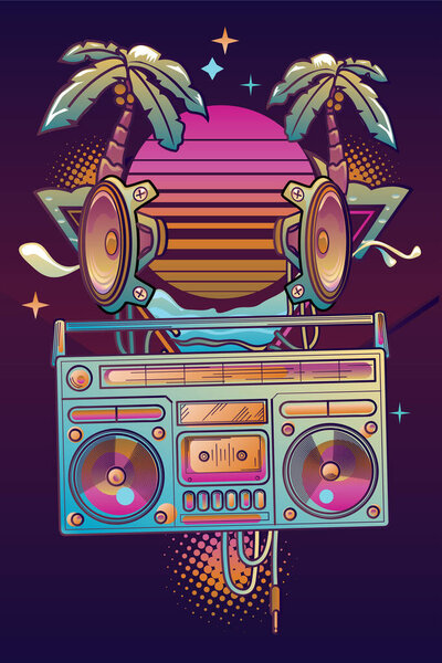 Boom box, speakers and palms on sunset - retro wave electronic music design