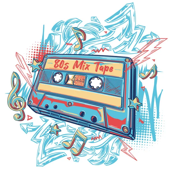 80S Mix Tape Colorful Musical Audio Cassette Design — Stockvektor