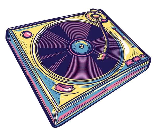 Drawn Colorful Retro Music Turntable — Stock Vector