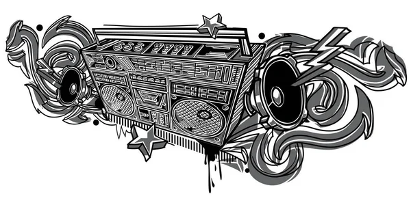 黒と白の描かれた音楽ブームボックスと落書きの矢印 — ストックベクタ