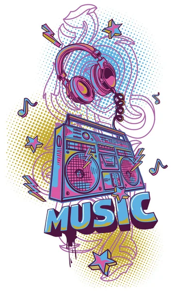 Diseño Musical Funky Boombox Dibujado Auriculares Graffiti — Vector de stock