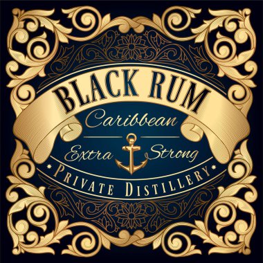 Black Rum - Altın süslü klasik dekoratif etiket