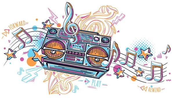 Design Música Funky Colorido Desenhado Caixa Lança Gravador Fita Com —  Vetores de Stock