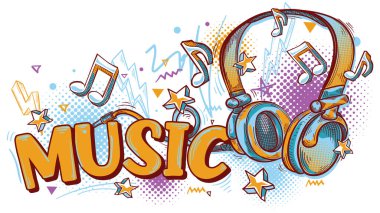 Müzik tasarımı - graffiti çizilmiş kulaklık ve notalar