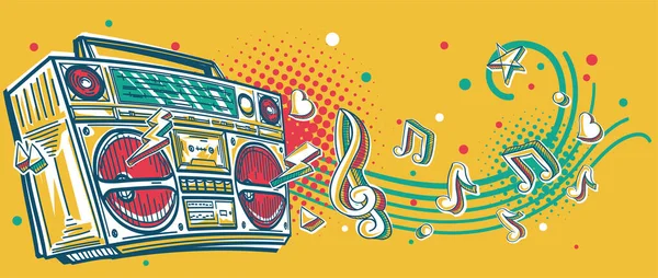 Музыкальный Дизайн Фанк Красочный Рисованный Магнитофон Ключом Музыкальными Нотами — стоковый вектор