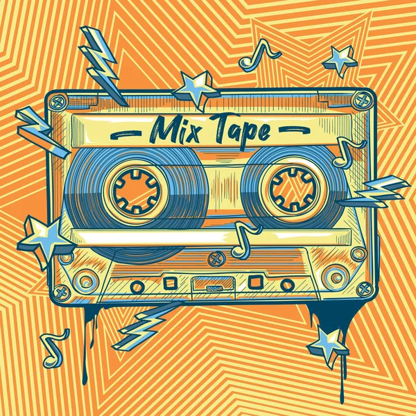 Mix Tape Desenho Cassete Áudio Colorido Musical Desenhado — Vetor de Stock