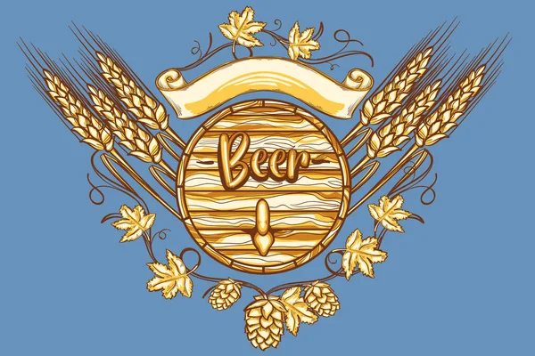 木桶啤酒装饰手绘徽章 — 图库矢量图片