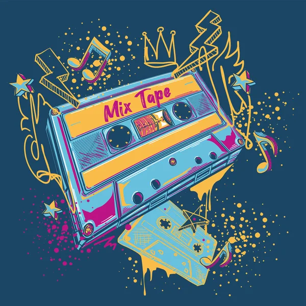 混合磁带音乐涂鸦 彩色盒式磁带街头艺术 — 图库矢量图片