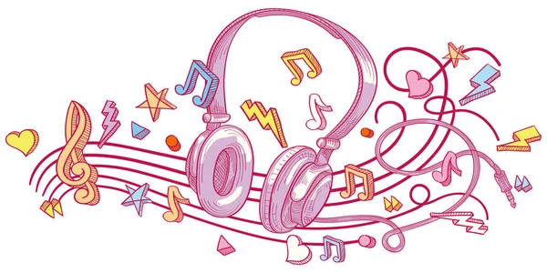 Дизайн Музики Намальовані Вручну Музичні Навушники Кріпленням Нотами — стоковий вектор