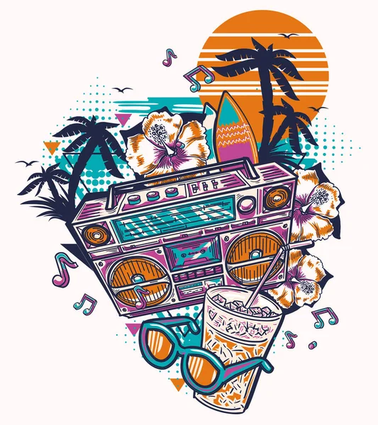 Funky Tropikal Müzik Tasarımı Boombox Içecek Güneş Gözlüğü Gün Batımında — Stok Vektör