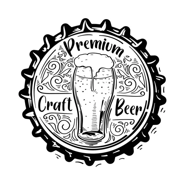 Pinte Bière Artisanale Dessinée Main Emblème Brasserie Sur Bouchon Bouteille — Image vectorielle