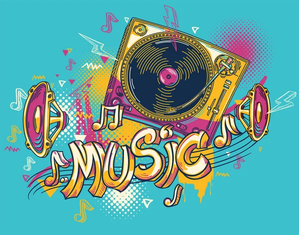 Drawn Musical Retro Turntable Sound System Colorful Graffiti — Stock Vector