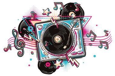 Vinil diskleri ve notaları olan döner tablo, renkli müzik tasarımı çizilmiş