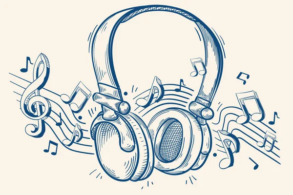 音楽デザイン モノクロームの手描きの音楽のヘッドフォンとノート — ストックベクタ
