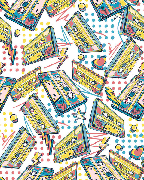 Colorful drawn audio cassettes decorative seamless pattern