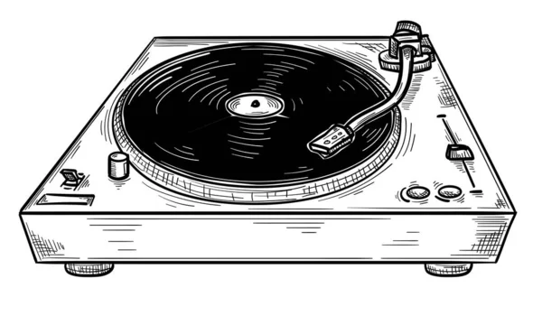 Black White Doodle Drawn Musical Turntable Vinyl Player — Stock Vector