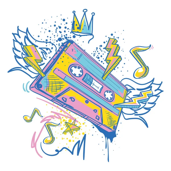 Colorful Musical Audio Cassette Graffiti Design — Vetor de Stock