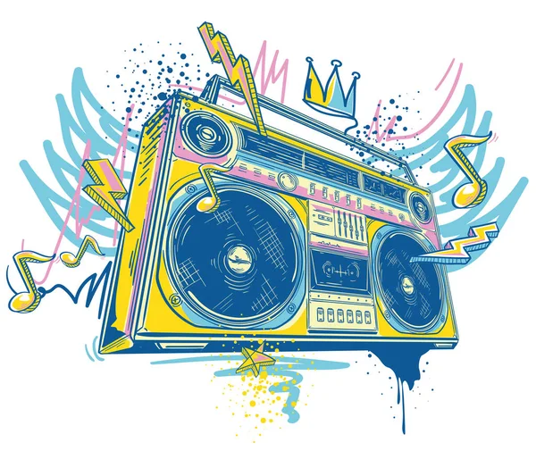 Funky çizilmiş boombox teyp ve müzik notaları