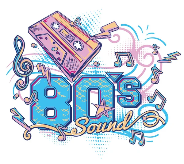 80S Sound Colorful Drawn Audio Cassette Notes Musical Design — Stok Vektör