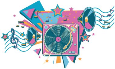 Renkli funky vinil turntable, hoparlörler ve notalar - müzikal tasarım