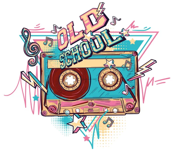 Old School Drawn Colorful Music Audio Cassette Design — Image vectorielle