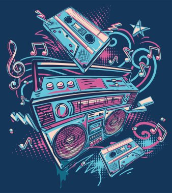 Teyp teybi, ses kasetleri ve müzik notaları, renkli el çizimi müzik tasarımı.