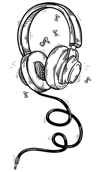 Hand Drawn Black White Musical Headphones Notes — Stockvektor