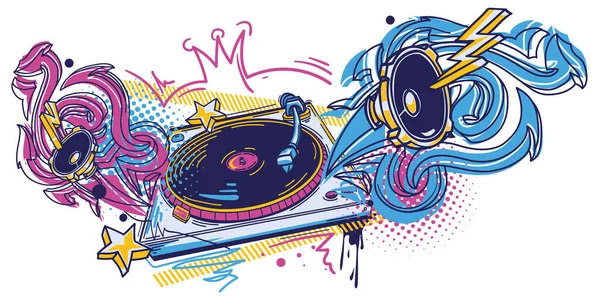 Giradischi Disegnato Con Altoparlanti Frecce Graffiti Design Musicale Funky Colorato — Vettoriale Stock