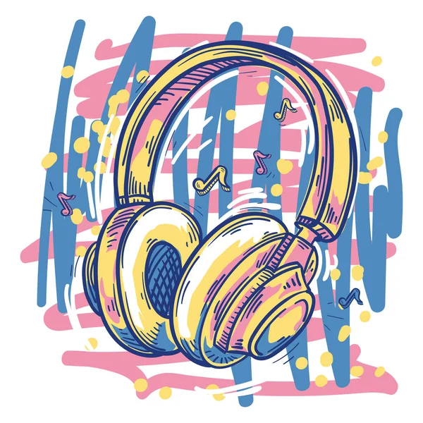 Funky Drawn Cartoon Musical Headphones Graffiti — Vetor de Stock