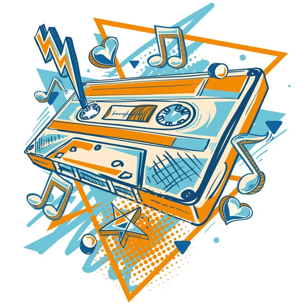 Colorful Musical Audio Cassette Graffiti Design — Vector de stock