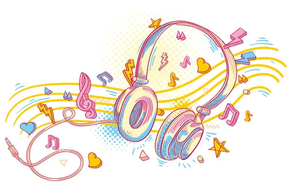 Music Design Colorful Drawn Headphones Notes — Stock Vector