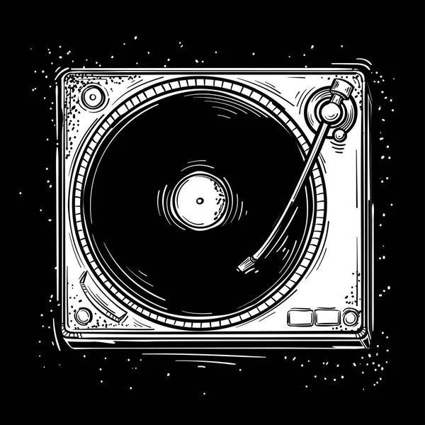 Drawn Monochrome Funky Musical Turntable — Stock Vector