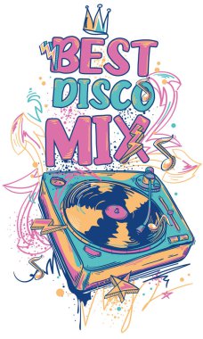 En iyi disko karışımı - grunted grafiti okları ile çizilmiş turntable, renkli müzik tasarımı