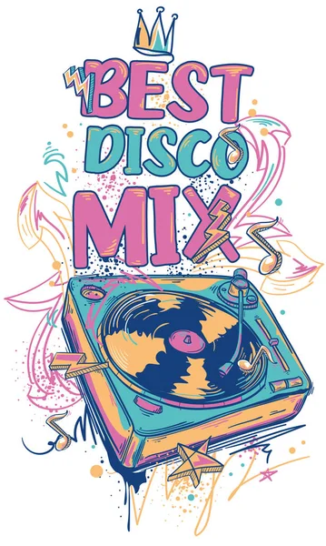 Best Disco Mix Drawn Turntable Grunged Graffiti Arrows Colorful Music — Stock Vector
