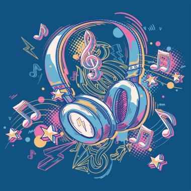 Müzik tasarımı - renkli graffiti kulaklık ve notalar