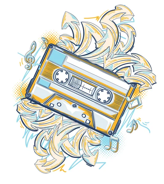 Design Musical Cassette Audio Dessinée Flèches Graffiti Street Art — Image vectorielle