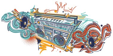 Müzikal teyp teybi ve grafiti okları olan hoparlörler, elle çizilmiş müzik tasarımı.