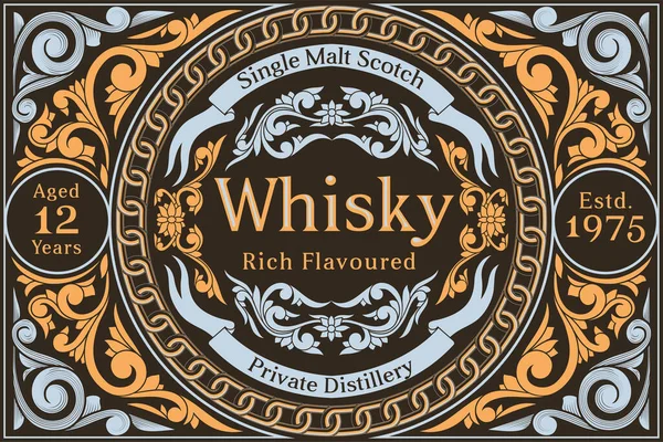 Whisky Escocés Etiqueta Decorativa Vintage Ornamentada — Vector de stock