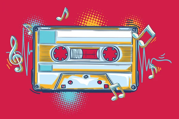 Drawn Colorful Audio Cassette Notes Musical Design —  Vetores de Stock