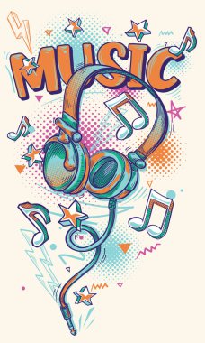 Müzik tasarımı - çizilmiş müzik kulaklıkları, notalar ve anahtar