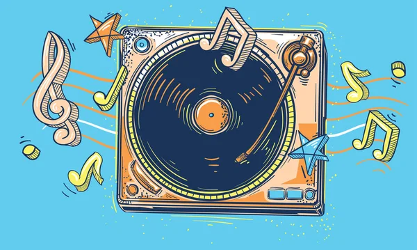 Turntable Musical Notes Drawn Colorful Music Design — Vector de stock