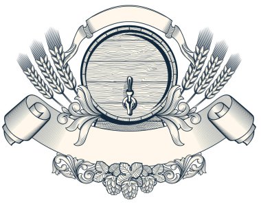 Tahta fıçı bira ve buğday ile dekoratif monokrom amblemi